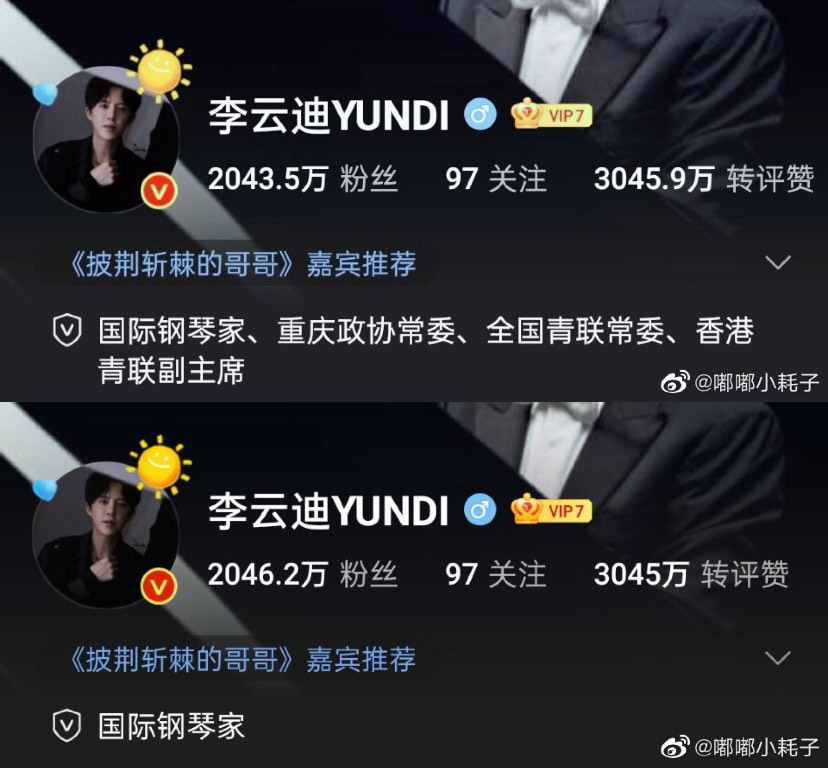 李雲迪的個人微博認證的頭銜只剩下「國際鋼琴家」。 圖：翻攝自微博