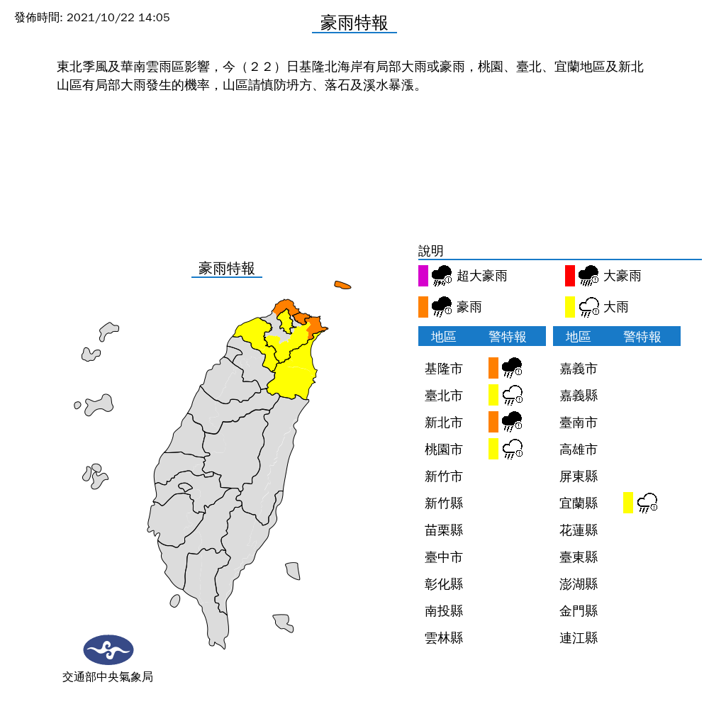 氣象局對5縣市發布豪雨、大雨特報。 圖：中央氣象局/提供