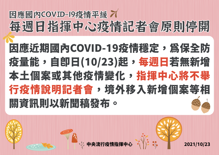 陳時中指出，近日疫情相對穩定，每周日記者會原則上停開，若有相關案例數當天會用新聞稿發布，除重大新聞外，停開周日記者會。 圖：疫情指揮中心