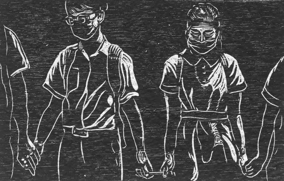 香港反送中運動版畫紀事作品。 圖：取自《少年，煙霧與傘》臉書
