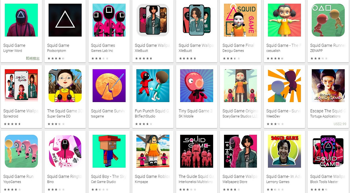 Google應用程式商店中有數十款魷魚遊戲相關App，雖然不見得每款都有問題，但民眾仍應提高警覺。 圖：截取自Google Play Store