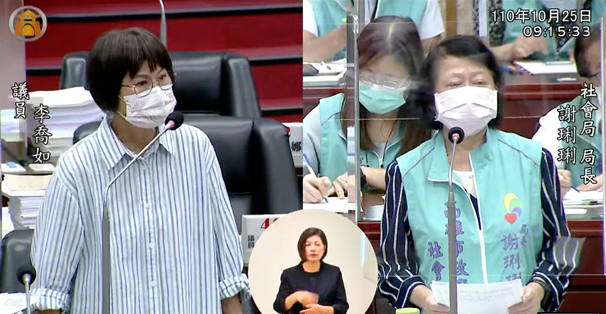 李喬如(左)質詢社會局長謝琍琍城中城善款運用情形。 圖：高市議會民進黨團提供