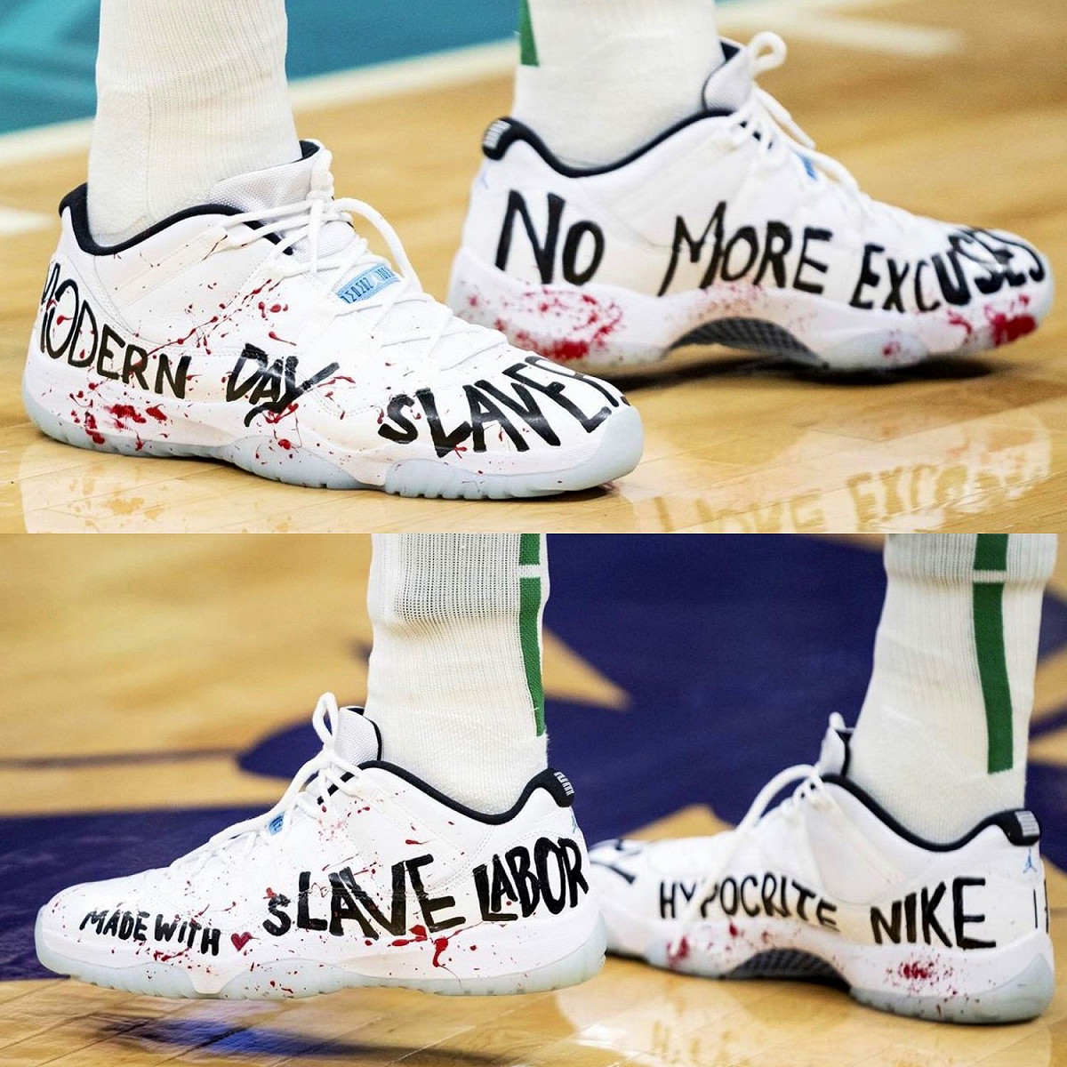 美國職籃NBA波士頓塞爾提克中鋒球星坎特，穿著象徵染血的反現代奴役定製鞋比賽，對中國壓迫維吾爾族表達強烈不滿。 圖：翻攝自坎特推特