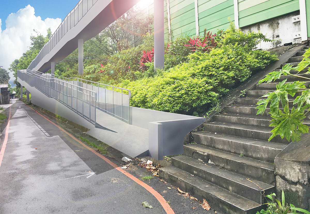 跨堤無障礙牽引道模擬完工後示意圖(堤內側)。 圖：新北市水利局提供