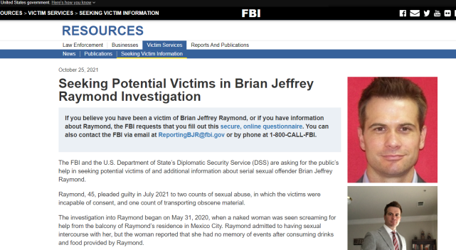 FBI發布尋找CIA特工雷蒙德的受害者、提供線索的告示。 圖:翻攝自FBI網站