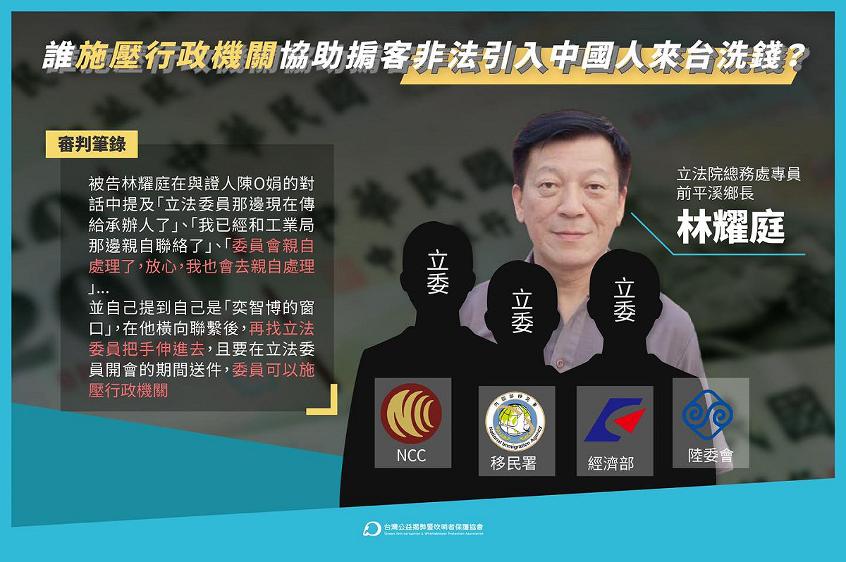 公益揭弊協會質疑，林耀庭僅是一名五職等的公務員，為何能影響入境簽證？為何神通廣大到叫得動立委？要求追查背後藏鏡人到底是誰？  圖：取自台灣公益揭弊暨吹哨者保護協會臉書