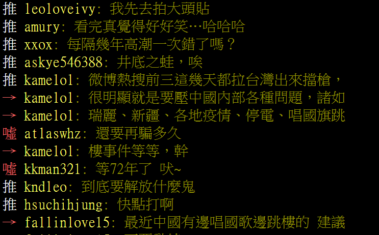 PTT八卦版有鄉民認為，微博喜歡拿台灣話題來壓國內問題。 圖: 翻攝自PTT