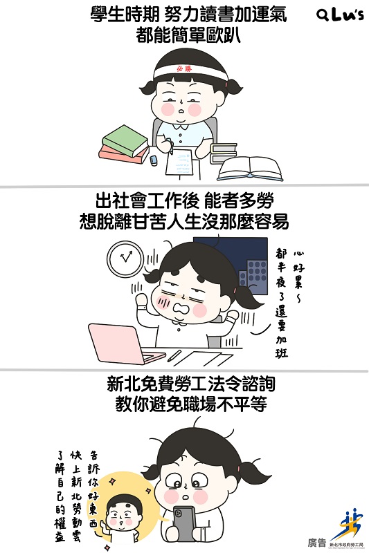 新北勞工局與知名插畫家LUS合作宣導勞動法令服務。 圖：新北市勞工局提供