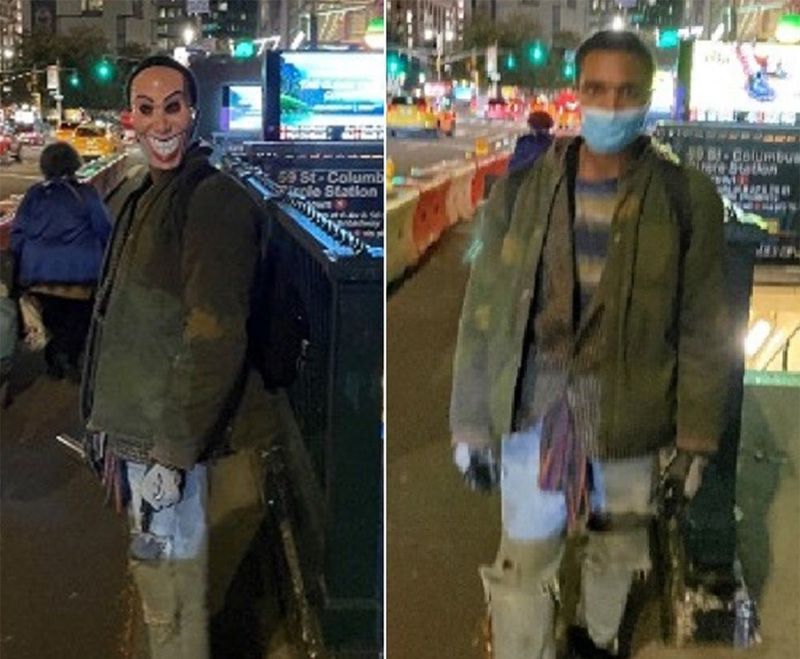 紐約一名男子帶著「國定殺戮日」的面具，上街砍傷路人。 圖 : 紐約警方 / 提供