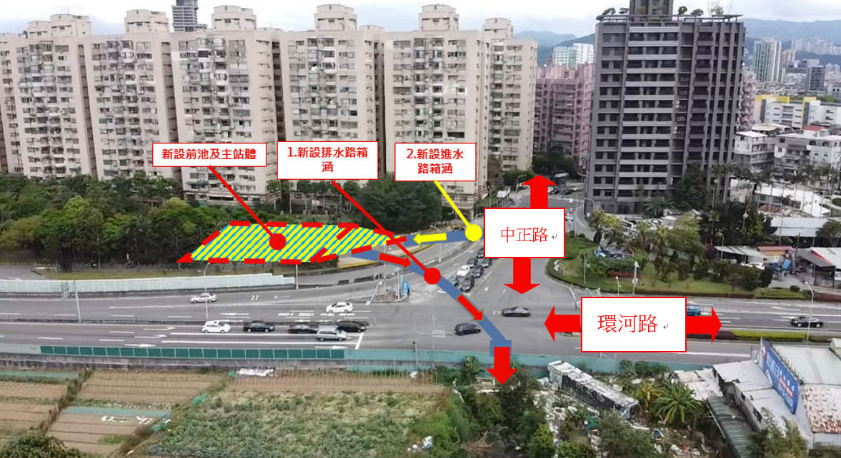 大鵬抽水站過路箱涵施工範圍。 圖：新北市交通局提供