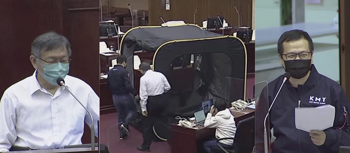 國民黨台北市議員羅智強（右）邀請台北市長柯文哲（左）一起夜宿凱道一晚。 圖：翻攝自台北市議會YouTube直播
