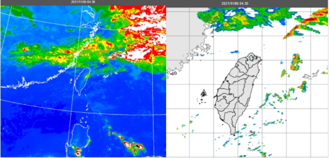 今晨4:30紅外線色調強化雲圖顯示，鋒面雲系在北部海面向西延伸至華南，雲層結構鬆散(左圖)。4：30雷達回波合成圖顯示，各地尚無降水回波(右圖)。 圖/「三立準氣象．老大洩天機」專欄