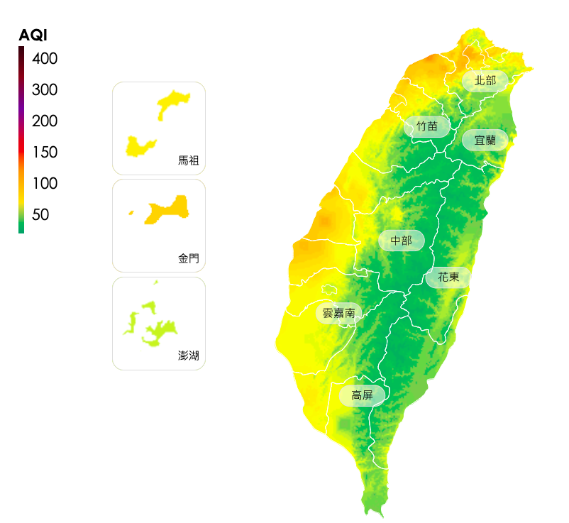 環保署空氣品質指標（AQI）圖顯示，西半部「一片橘」。 圖：擷取自行政院環境保護署