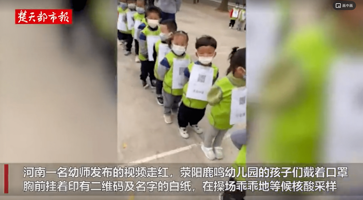 河南幼兒園400兒童排隊進行核酸檢測。 圖：翻攝自楚天都市報。