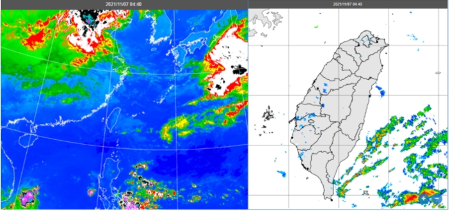 今晨4：40紅外線色調強化雲圖顯示，台灣東側有鋒面殘餘的鬆散低雲(左圖)。4：40雷達回波合成圖顯示，東南方海面有降水回波(右圖)。 圖/「三立準氣象．老大洩天機」專欄
