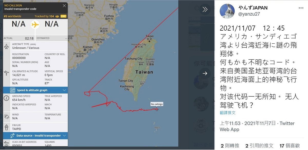 日本網友「やんずJAPAN」今天(7日)在推特揭露，從美國聖地牙哥海灣出發的不明飛行器，從台灣北部進入台灣海峽後，再西南空域略做徘徊後由巴士海峽進入西太平洋。 圖：翻攝やんずJAPAN推特