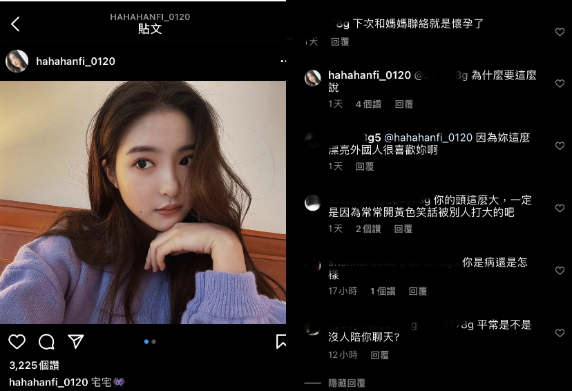 時常會在個人社群平台上分享國外生活的韓菲，竟遇到了酸民。 圖：翻攝自IG