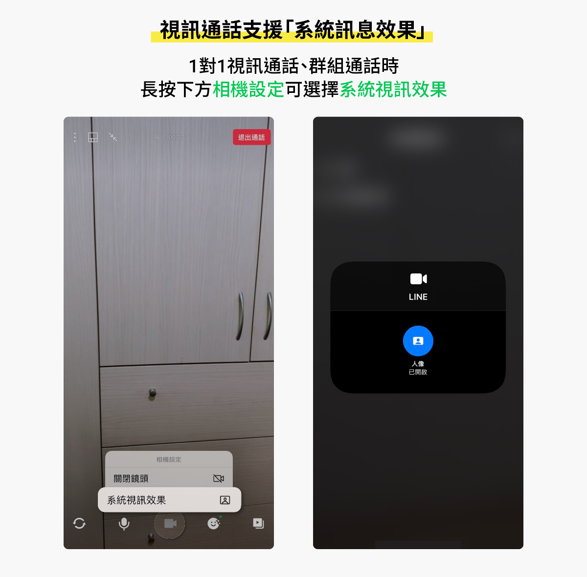 1對1視訊通話、群組通話或使用LINE會議室視訊時，長按下方選單中間的「相機設定」（攝影機圖示），即可關閉、開啟鏡頭或選擇「系統視訊效果」功能。 圖：LINE／提供