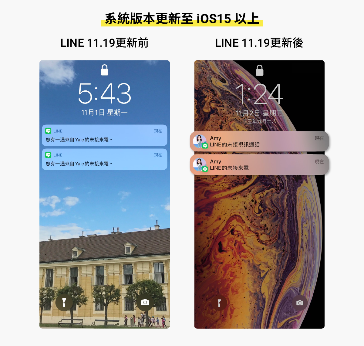 系統更新至iOS15以上時，未接來電會顯示來電者頭像以及來電方式（未接來電或未接視訊通話）。 圖：LINE／提供