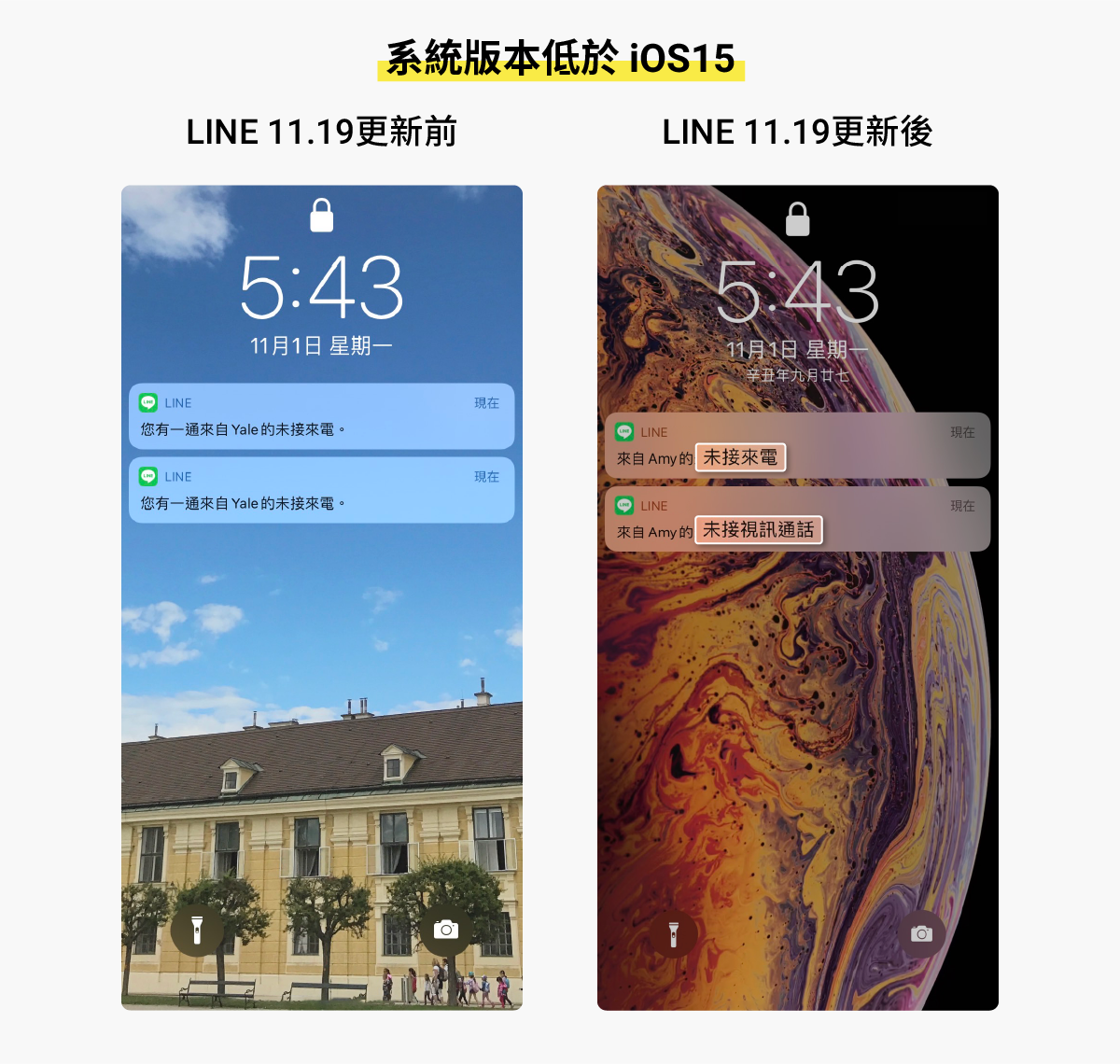 系統版本低於iOS15時，未接來電僅顯示來電者名稱及來電方式（未接來電或未接視訊通話）。 圖：LINE／提供