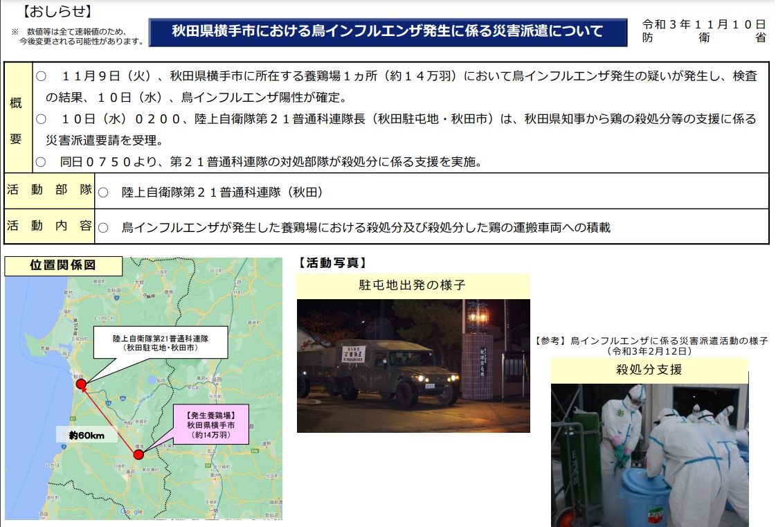 日本秋田縣橫手市家禽養殖場爆發禽流感疫情，陸上自衛隊凌晨2時奉命協助撲殺約14萬隻雞隻。 圖：翻攝日本統合幕僚監部官網