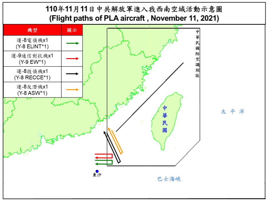 國防部「即時軍事動態」網頁揭露，解放軍11日派出運-8電偵機、運-9通信對抗機、運-8技偵機、運-8反潛機各1架次進入台灣西南防空識別區。 圖：翻攝國防部「即時軍事動態」網頁