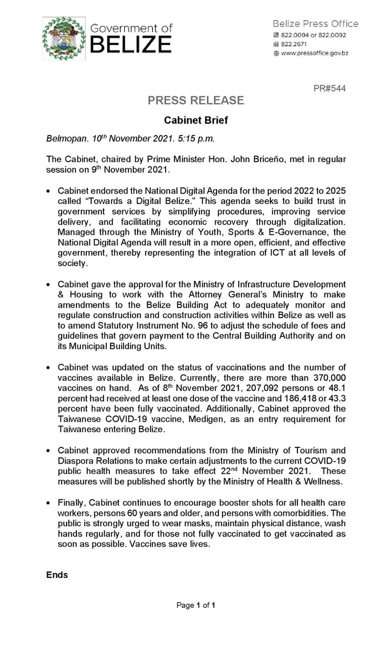 貝里斯政府11日宣布承認高端疫苗。 圖：翻攝Government of Belize Press Office