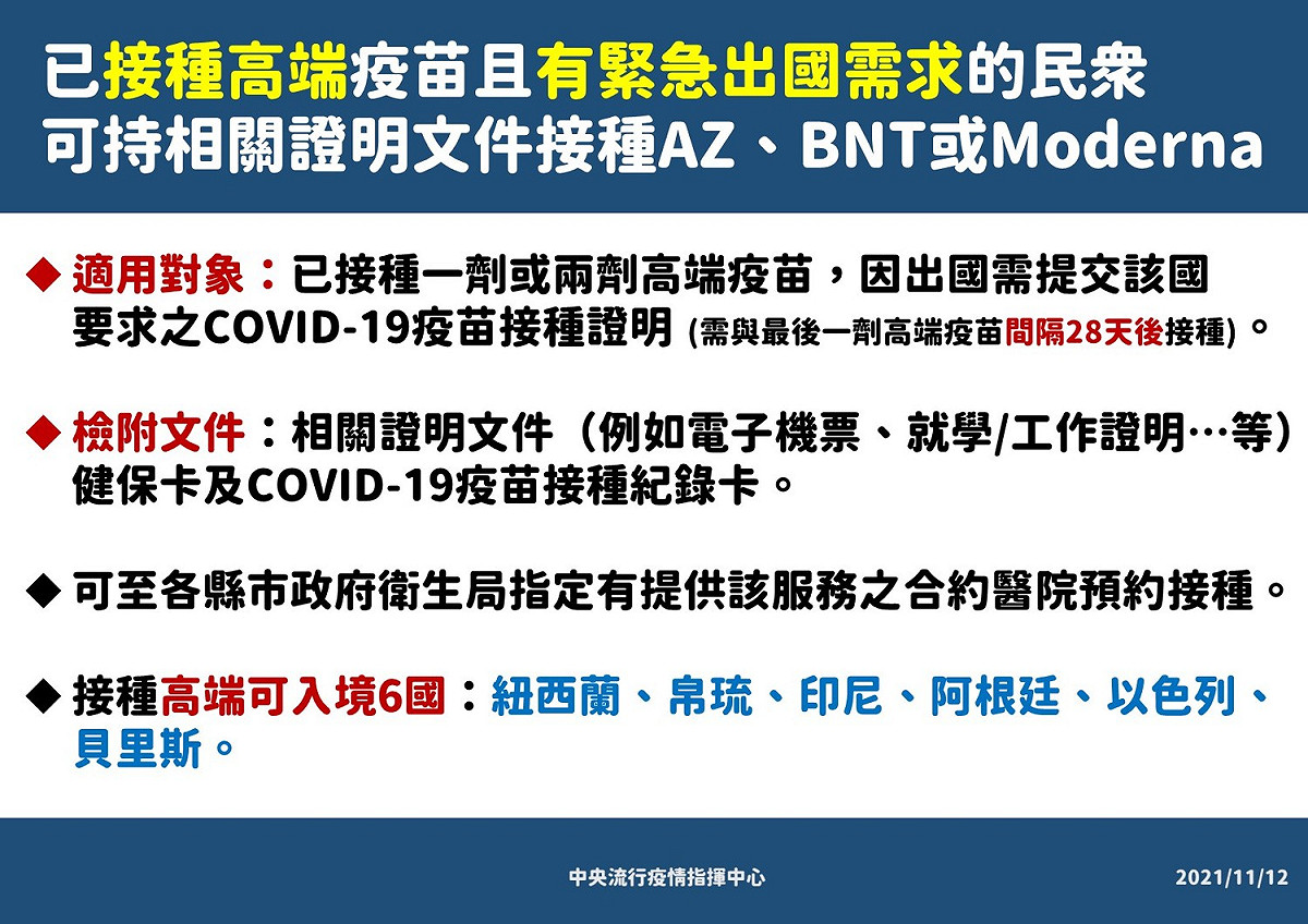 針對已接種高端疫苗且有緊急出國需求的民眾，指揮中心說明後續疫苗接種建議。 圖：指揮中心／提供