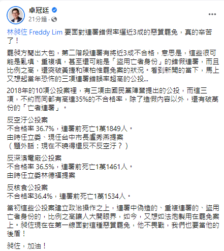 卓冠廷臉書全文。 圖：翻攝自卓冠廷臉書