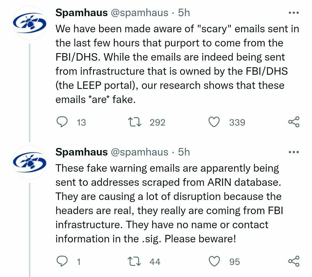 網路威脅追蹤組織Spamhaus Project在推特（Twitter）發文表示，駭客寄出數以萬件電郵，警告可能有一起網攻行動。 圖/翻攝自推特