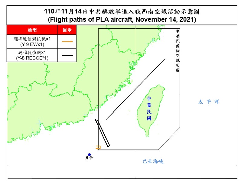 空軍今天晚上再度發布共機動態，一架運9通信對抗機夜間侵擾台灣西南防空識別區（ADIZ），空軍派遣空中巡邏兵力應對、廣播驅離，並以防空飛彈追蹤監控。 圖：國防部提供