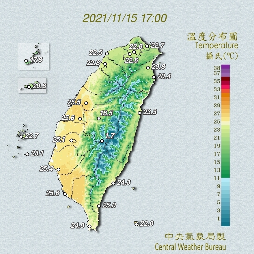 下午5時全台溫度分布圖。 圖：中央氣象局／提供