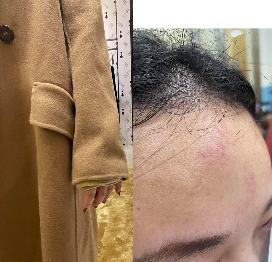 中國大媽不滿7萬精品大衣「Made In China」，剪裁後想退貨未果，大鬧微風南山，遭警方壓制。 圖：翻攝自爆料公社