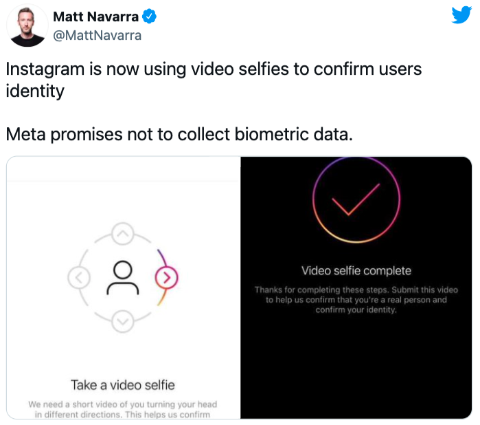 社交媒體顧問納瓦拉（Matt Navarra）在推特分享IG自拍錄影驗證的截圖。 圖：擷取自@MattNavarra推特