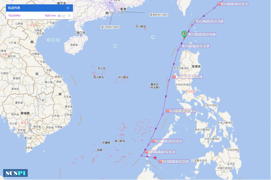 「南海戰略」曝光日本海保「輕津級」巡邏艦11月14日進入南海後航跡。 圖：翻攝SCS Probing Initiative推特