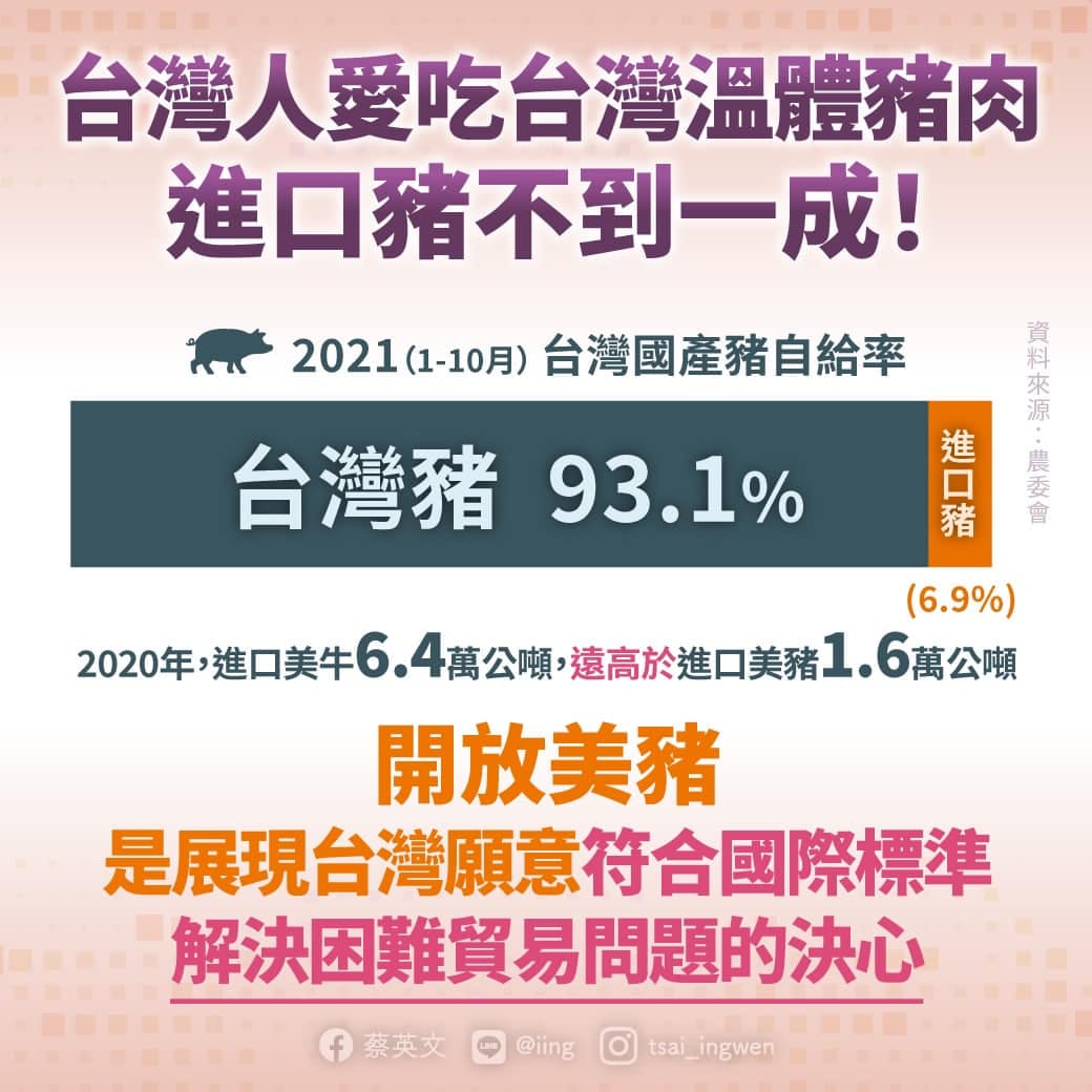 總統蔡英文臉書發文稱台灣人愛吃溫體豬肉。 圖：蔡英文臉書
