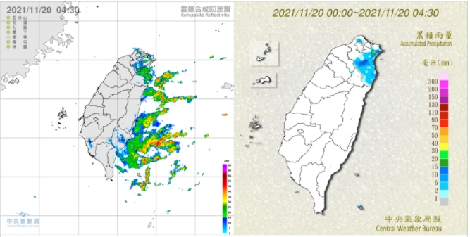 今 4：30雷達回波合成圖顯示，大台北東側及東北部有弱降水回波，東部海面上的回波比較強(左圖)；東北部、大台北東側山區及大屯山區有局部降雨(右圖)。 圖/「三立準氣象．老大洩天機」專欄