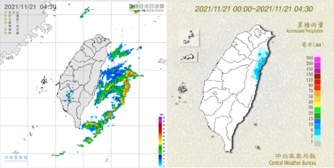 今(21日) 4：30雷達回波合成圖顯示，東部海面上有降水回波(左圖)；東半部有降雨，宜蘭、花蓮較明顯，台東很零星(右圖)。 圖/「三立準氣象．老大洩天機」專欄