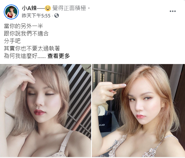 小A辣昨日突然在臉書發低落文。 圖：翻攝自小A辣臉書