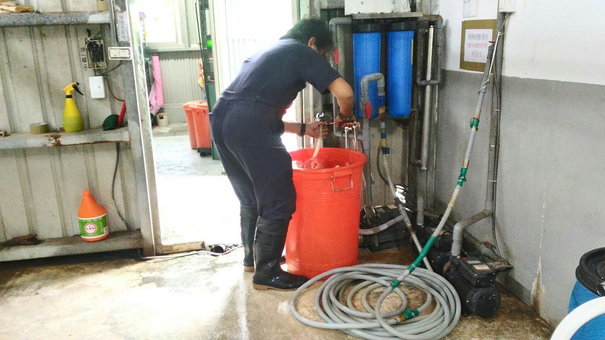 袁立榮正協助處理水龍頭問題。 圖：新北市動保處提供
