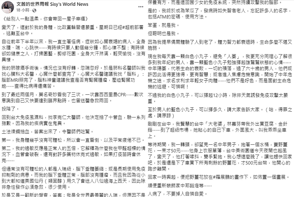 陳文茜經過許多檢查，發現自己的免疫系統持續攻擊腦部「發病時如失智者老人」。 圖：翻攝自陳文茜臉書