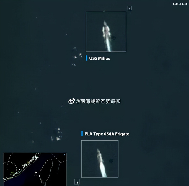 衛星圖片顯示，解放軍艦十分逼近美國的「米利厄斯」號導彈驅逐艦。 圖 : 翻攝自南海戰略態勢感知平台