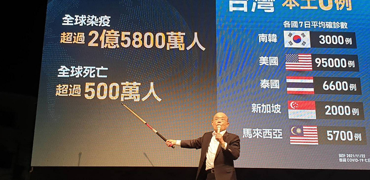 蘇貞昌拿出招牌撞球桿講台灣防疫成就。 圖：民進黨高雄市黨部提供
