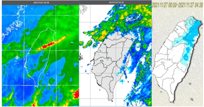 今(27日)晨4：30紅外線色調強化雲圖顯示，東北風迎風面有較多低雲，台灣海峽有中雲移入(左圖)。4：30雷達回波合成圖顯示，北部、東半部海面有降水回波，台灣海峽亦有回波移入(中圖)。4：30累積雨量圖顯示，中部以北、東半部有局部雨，宜花降雨較明顯(右圖)。 圖/「三立準氣象．老大洩天機」專欄