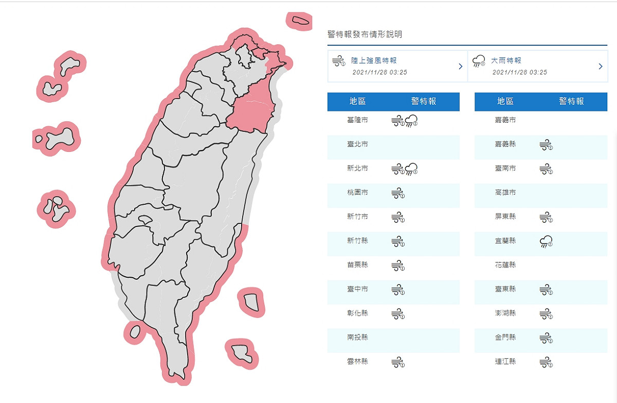 中央氣象局今天凌晨3時25分針對3縣市發布大雨特報，示警範圍包括基隆市、宜蘭縣及新北市北海岸地區；另外台南以北、東南部(含蘭嶼、綠島)、恆春半島沿海空曠地區及澎湖、金門、馬祖易有9至10級強陣風，東北部及東部沿海空曠地區亦有較強陣風，鄰近海域並有較大風浪，請注意。 圖/中央氣象局