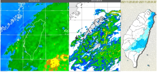 吳德榮表示，今晨4：30紅外線色調強化雲圖顯示，東北風迎風面的低層雲，被台灣南方移入的中層雲所覆蓋(左圖)。4：30雷達回波合成圖顯示，東半部有降水回波，台灣南方亦有較弱的回波移入(中圖)。4：30累積雨量圖顯示，大台北、東半部及中南部有局部降雨，以東北角、宜花及南部山區較明顯(右圖)。 圖/「三立準氣象．老大洩天機」