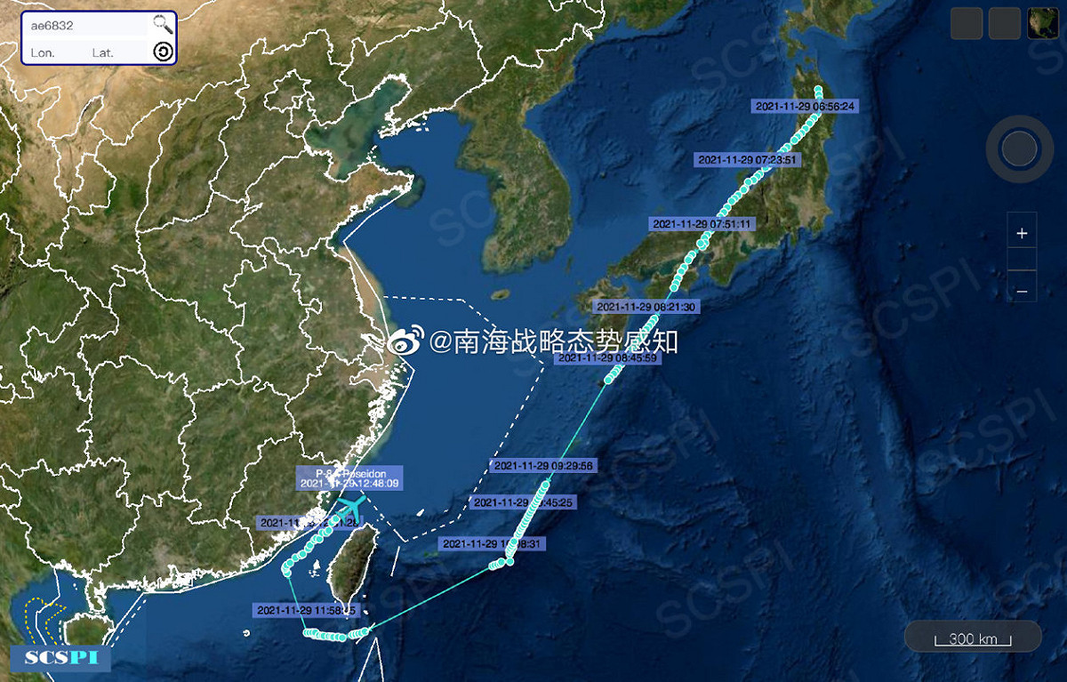 美國海軍P-8A路線繞過台灣。 圖：翻攝自南海戰略態勢感知微博