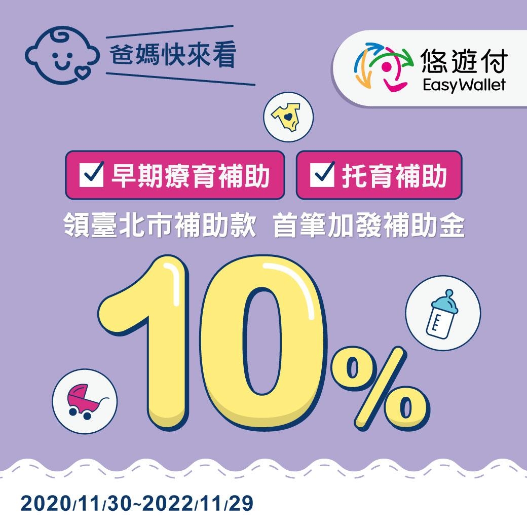 即日起至明年11/29，以「悠遊付」領取北市托育補助或早期療育補助首筆加碼回饋10%。 圖：悠遊卡公司/提供