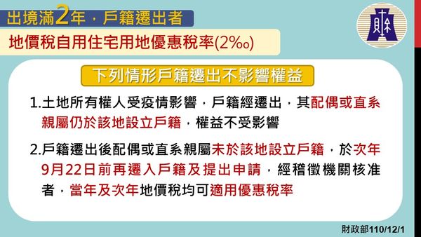 地價稅自用住宅用地優惠稅率，有2類人權益不受影響。 圖：中央流行疫情指揮中心/提供