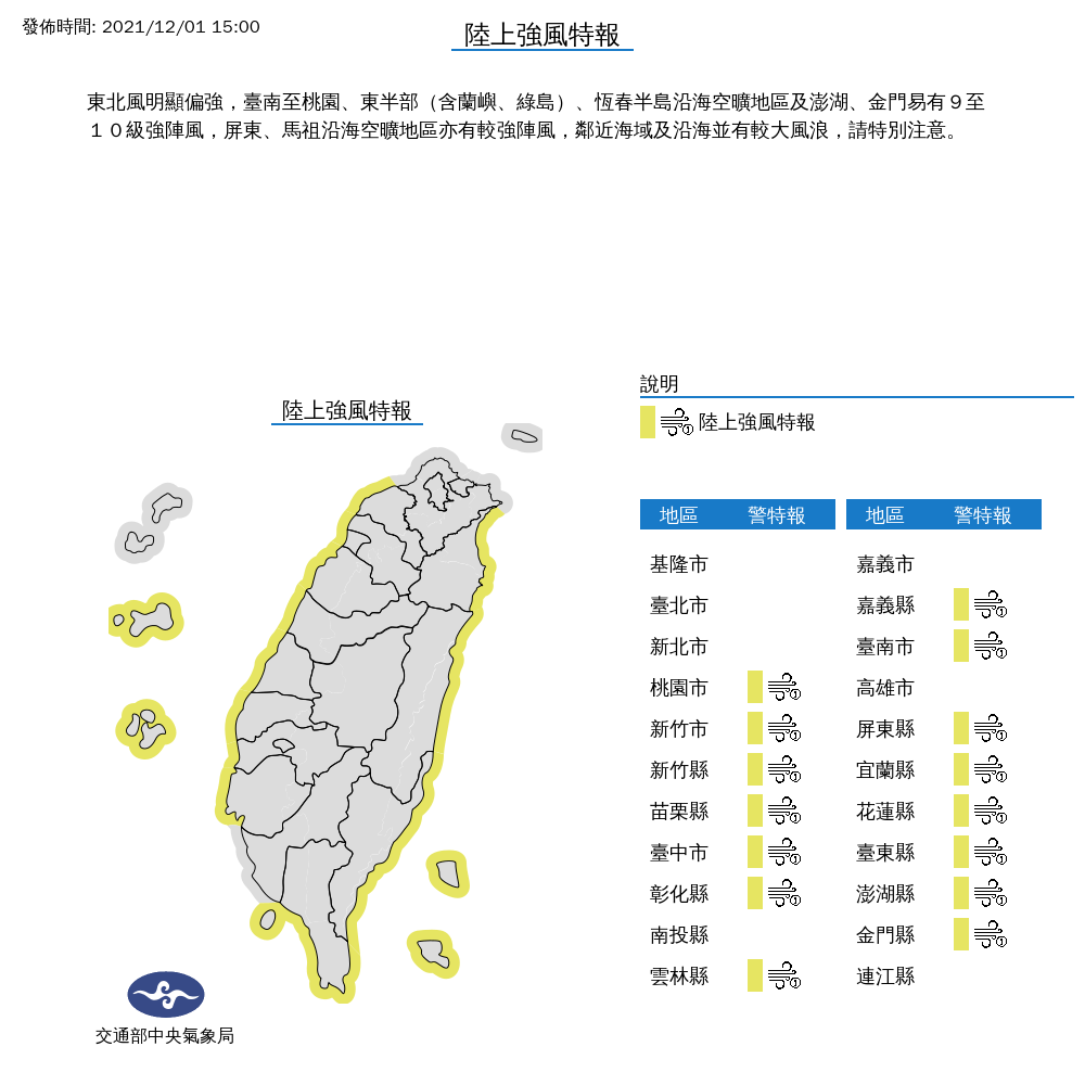 中央氣象局發布陸上強風特報。 圖：中央氣象局/提供